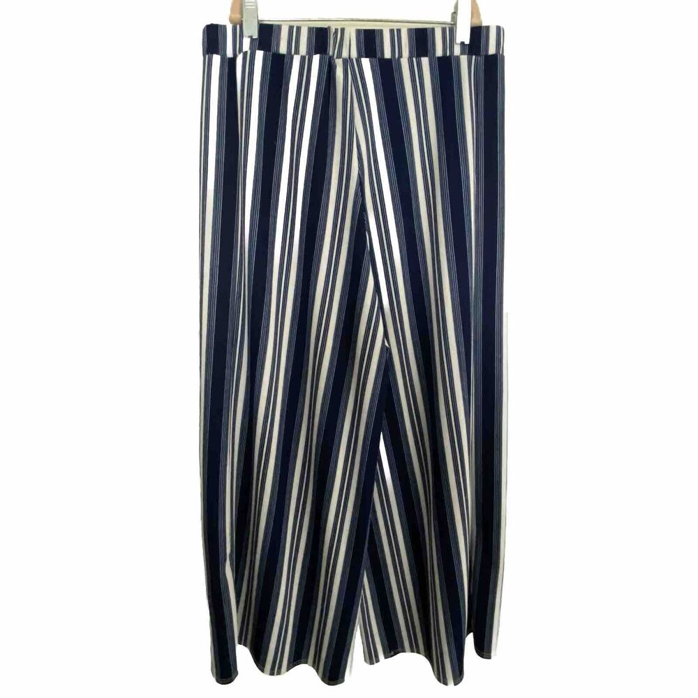 Be Divine Woman Pants Size XL Striped Linen Fashion Summer Navy Blue Wild Legs